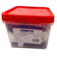 Clear container with red lid labeled 'UNIFIX' containing various sizes of flat packers on a white background