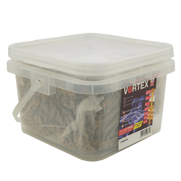 Clear container with lid containing vortex screws with a label saying Vortex with information on the screwss, on a white background