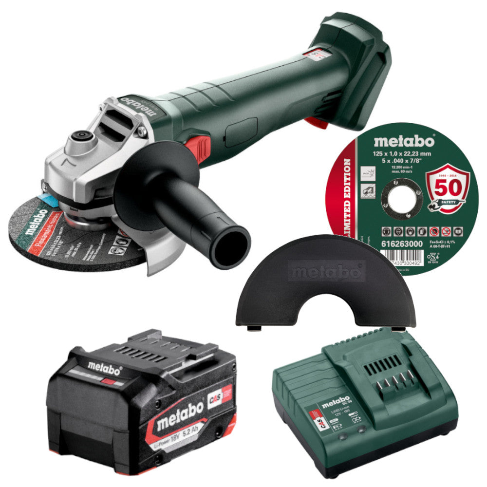 Metabo W18 Grinder bundle Includes 10 x Discs, Guard, 5.2Ah Battery & Charger