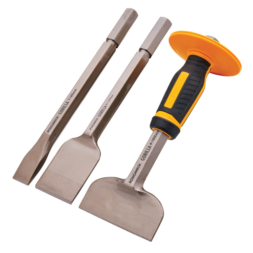 Two chisels with different blade shapes and a chisel with an orange handle on a white background.