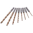 Set of drill bits with metallic and wooden handles on a white background