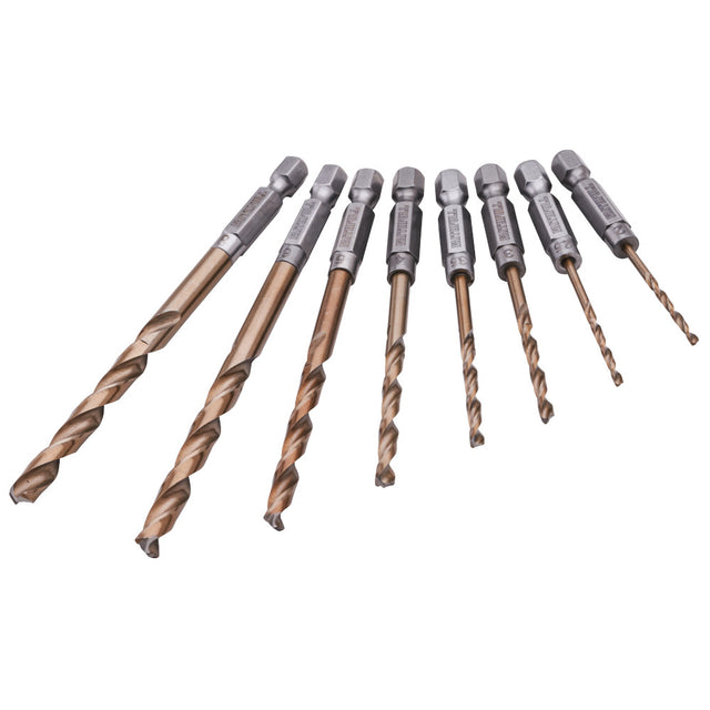 Set of drill bits with metallic and wooden handles on a white background