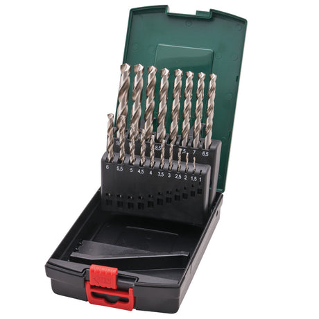 Set of Metabo drill bits in a black and green case on a white background