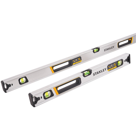 Two Stanley level tools on a white background