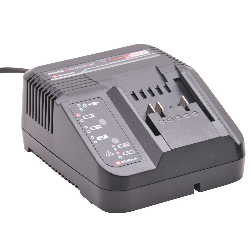 Black Einhell power tool charger with digital display on a white background