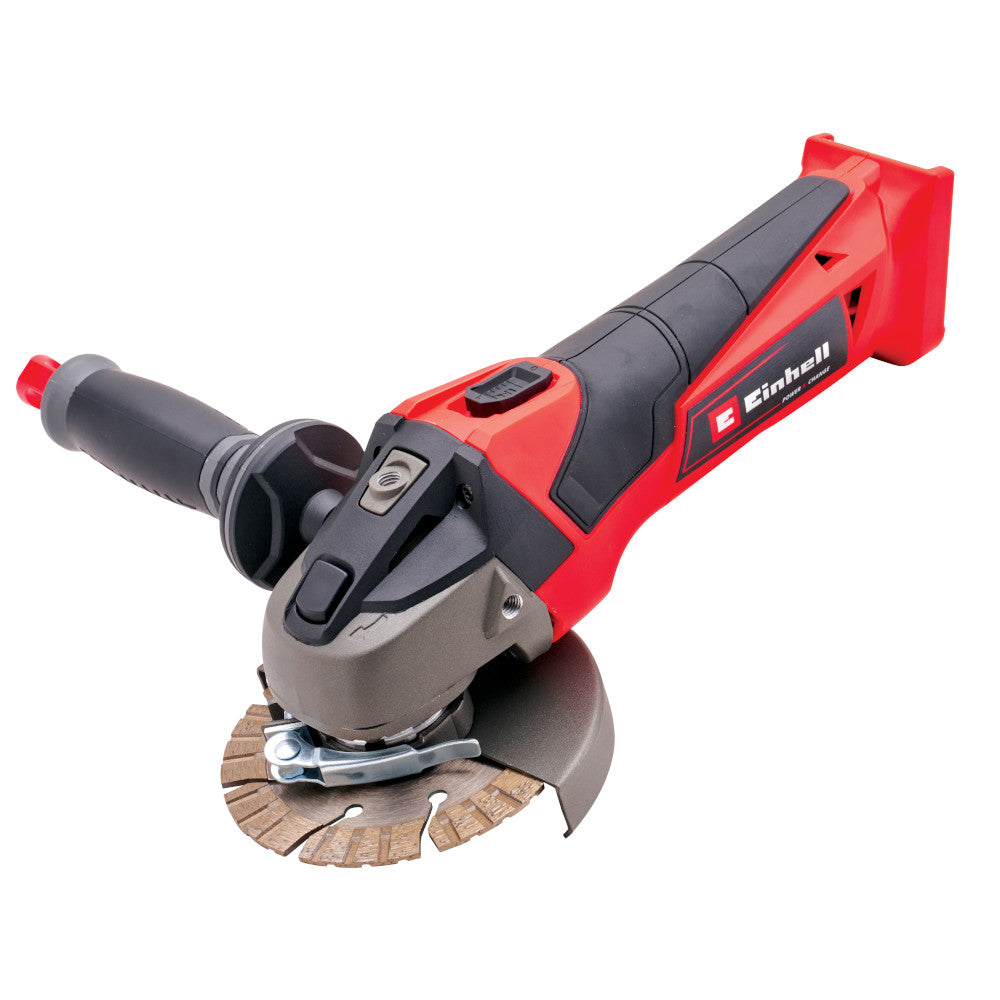 Red and Black Einhell angle grinder with Einhell branding on a white background