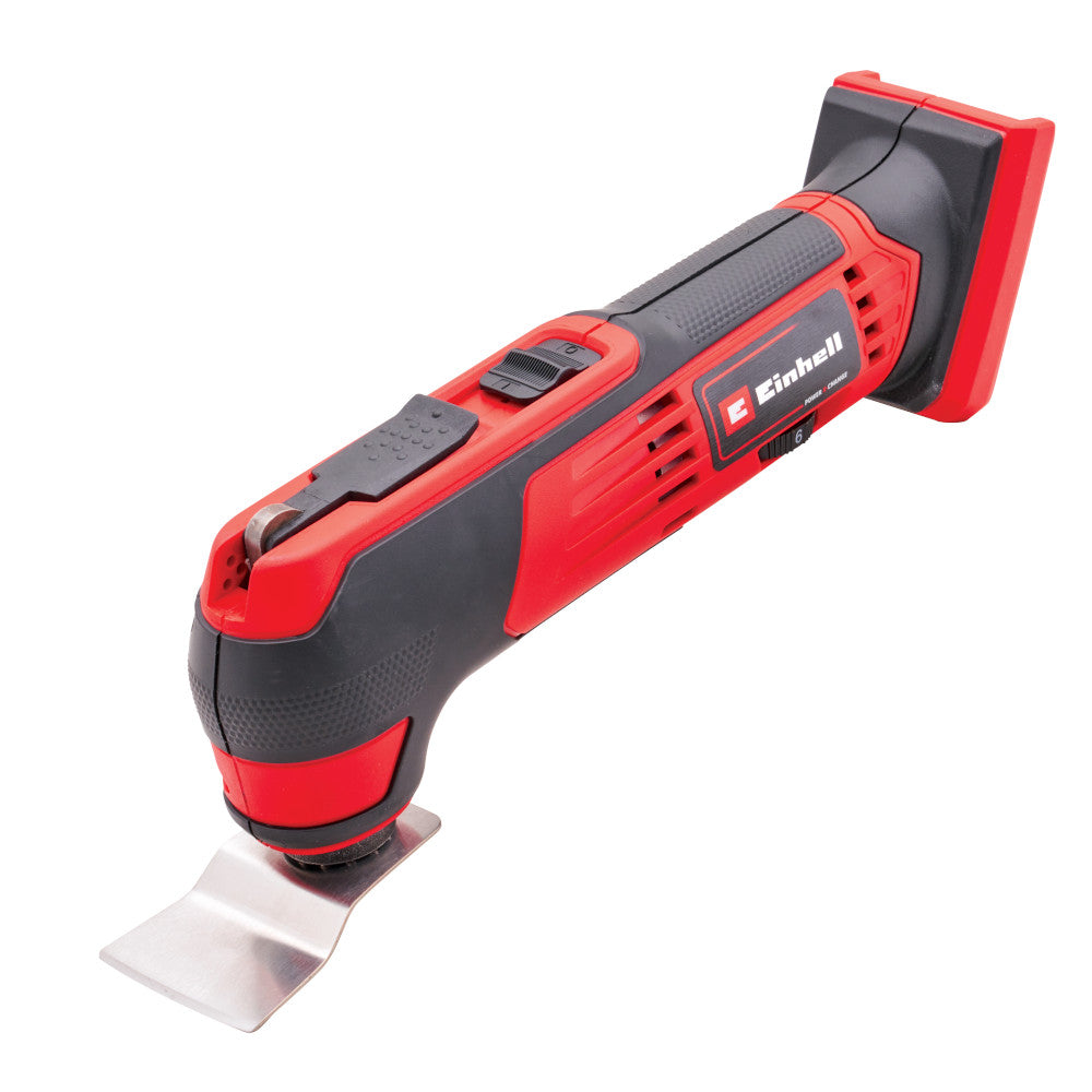 Red and black oscillating tool with 'Einhell' branding on a white background