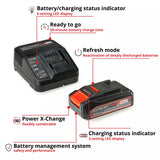 Einhell Battery and charger with features highlighted on a white background