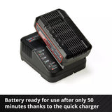 Black Einhell battery charger with text on a white background