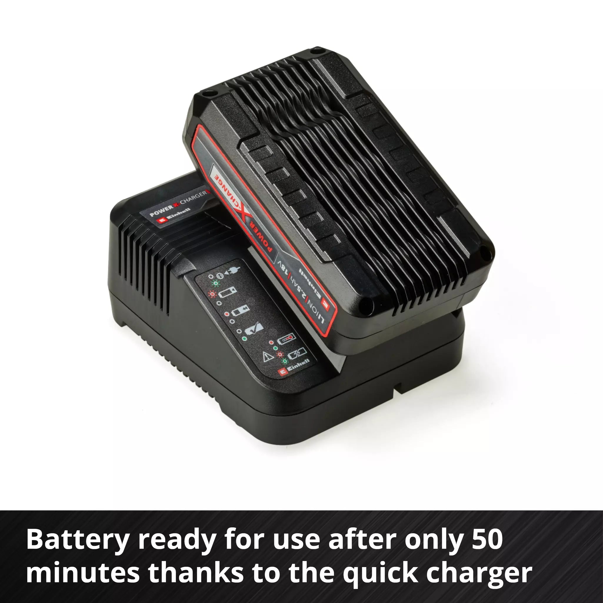 Black Einhell battery charger with text on a white background