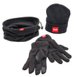 Black winter hat, scarf, and gloves set with 'SCAN' logo on a white background