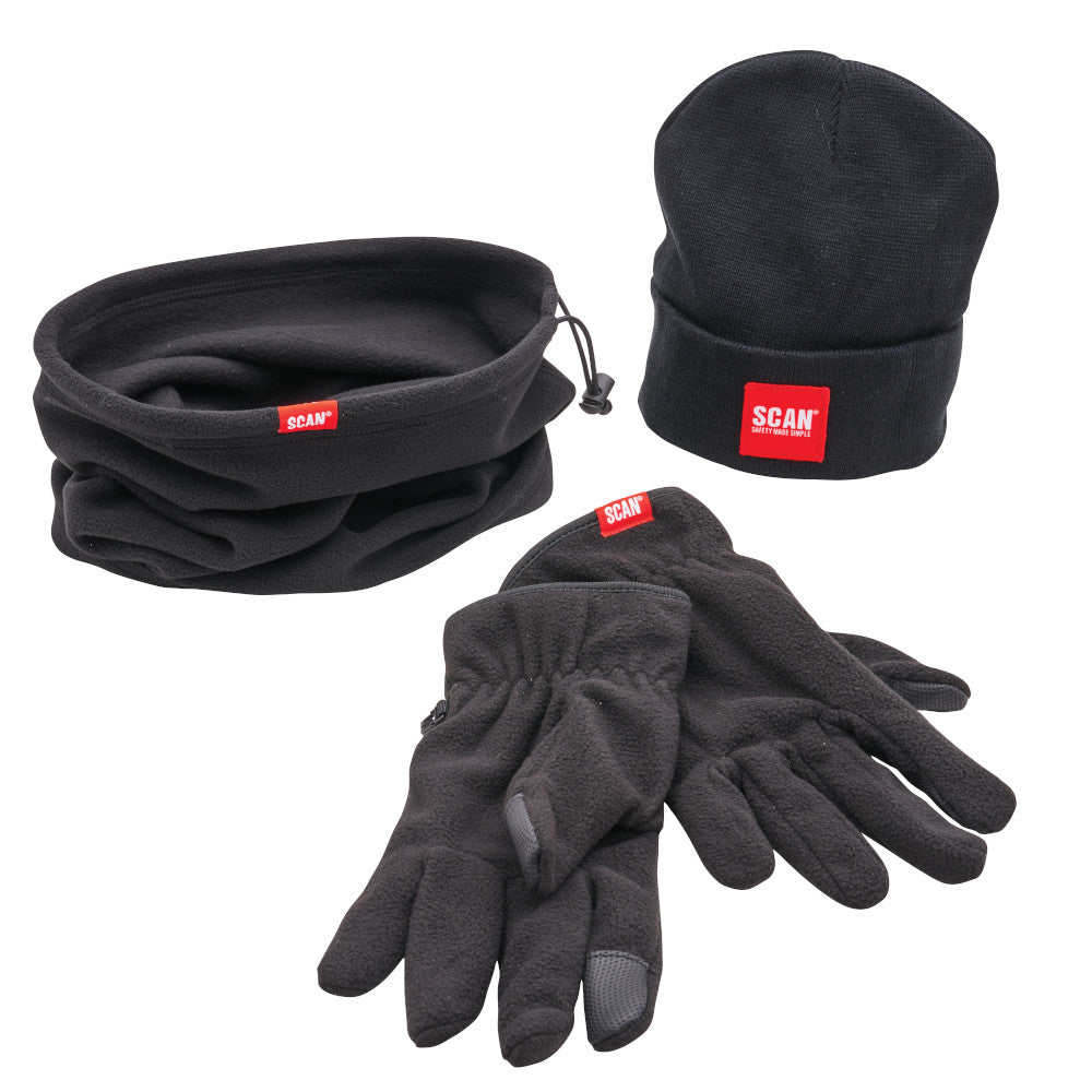 Black winter hat, scarf, and gloves set with 'SCAN' logo on a white background