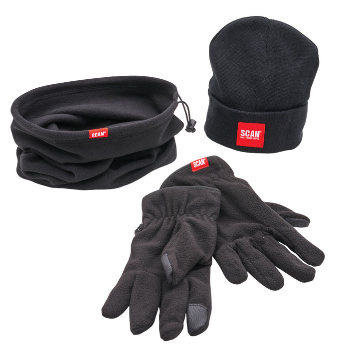 Black winter hat, scarf, and gloves set with 'SCAN' logo on a white background