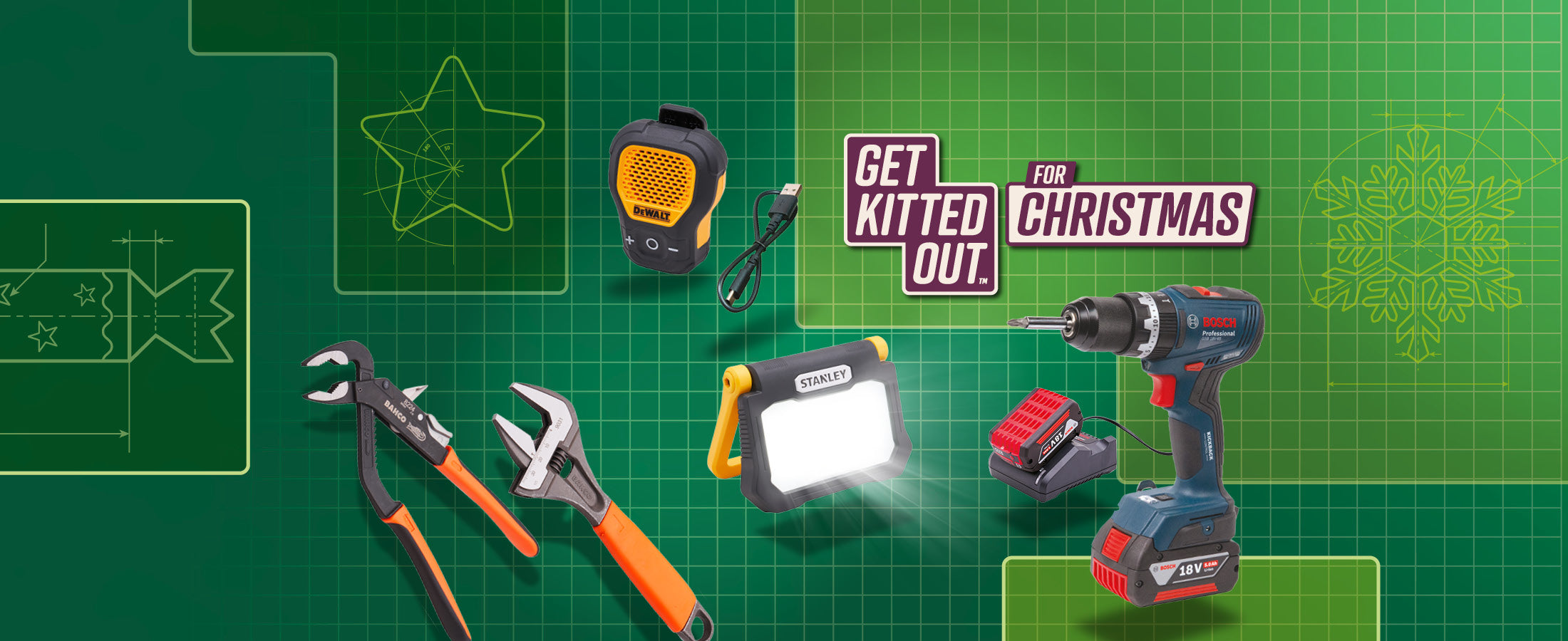 Set of tools including a drill, flashlight, and measuring tape on a green grid background with Christmas promotional text.