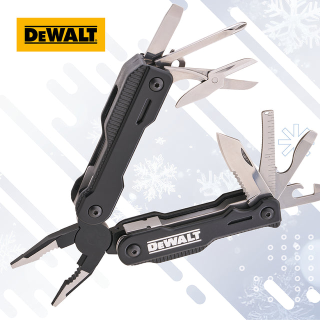 A black and silver DeWalt multi-tool pocket knife with several tools extended, including scissors, pliers, and a blade, shown on a light blue and white graphic background with the DeWalt logo.