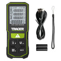 Tracer ALM100 laser measure, shown with USB-C cable, Lanyard and included batteries. On a white background.