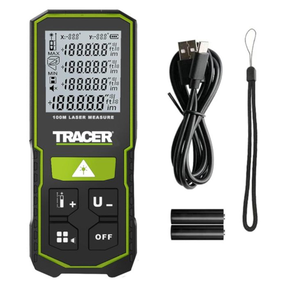 Tracer ALM100 laser measure, shown with USB-C cable, Lanyard and included batteries. On a white background.