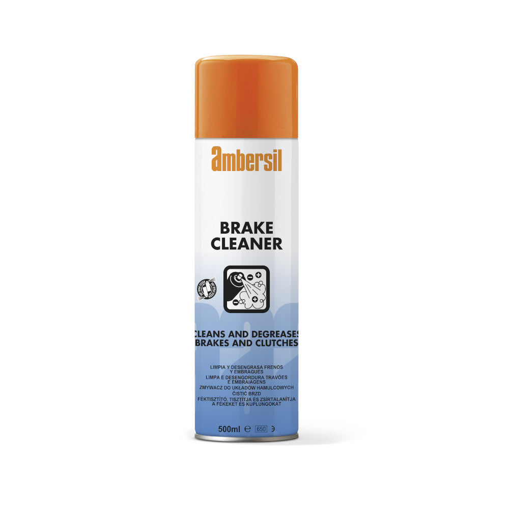 A can of Ambersil Brake Cleaner with orange cap and blue label, indicating it is a product for cleaning brakes and clutches.