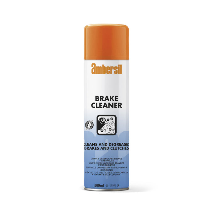 A can of Ambersil Brake Cleaner with orange cap and blue label, indicating it is a product for cleaning brakes and clutches.