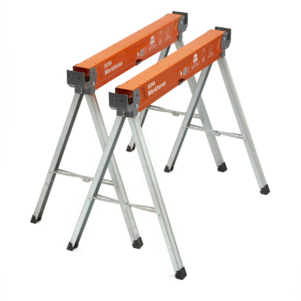 Two orange workbenches on stands with visible Bora Workhorse branding on a white background.