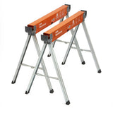 Two orange workbenches on stands with visible Bora Workhorse branding on a white background.