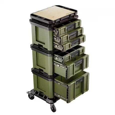 Stack of green Bunker drawer storage boxes with wheels on a white background
