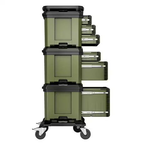 Set of green bunker load up drawer storage with the drawers open on a white background