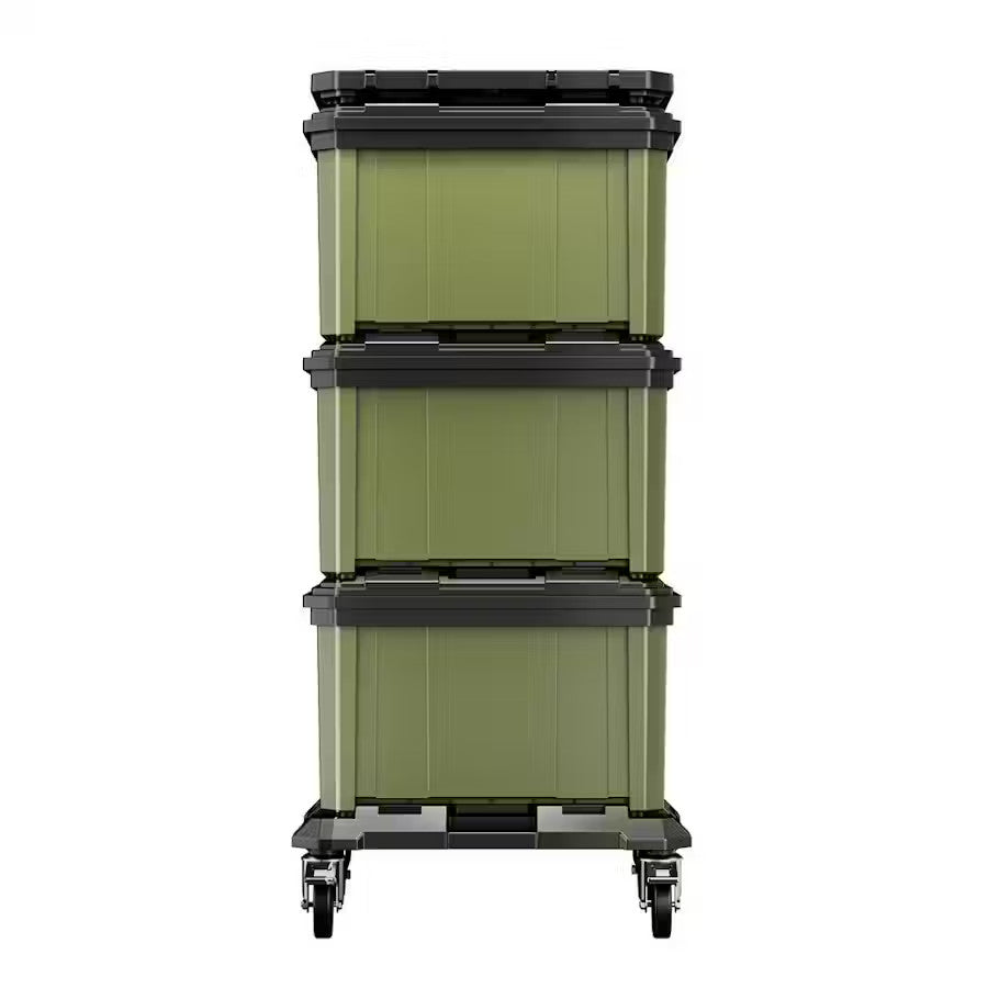 Stackable green Bunker load up storage bins with black lids on a white background