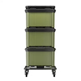 Stackable green Bunker load up storage bins with black lids on a white background