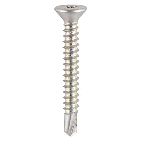 A single silver metal screw with a slotted flat head and a Pozi drive, shown vertically against a plain white background.
