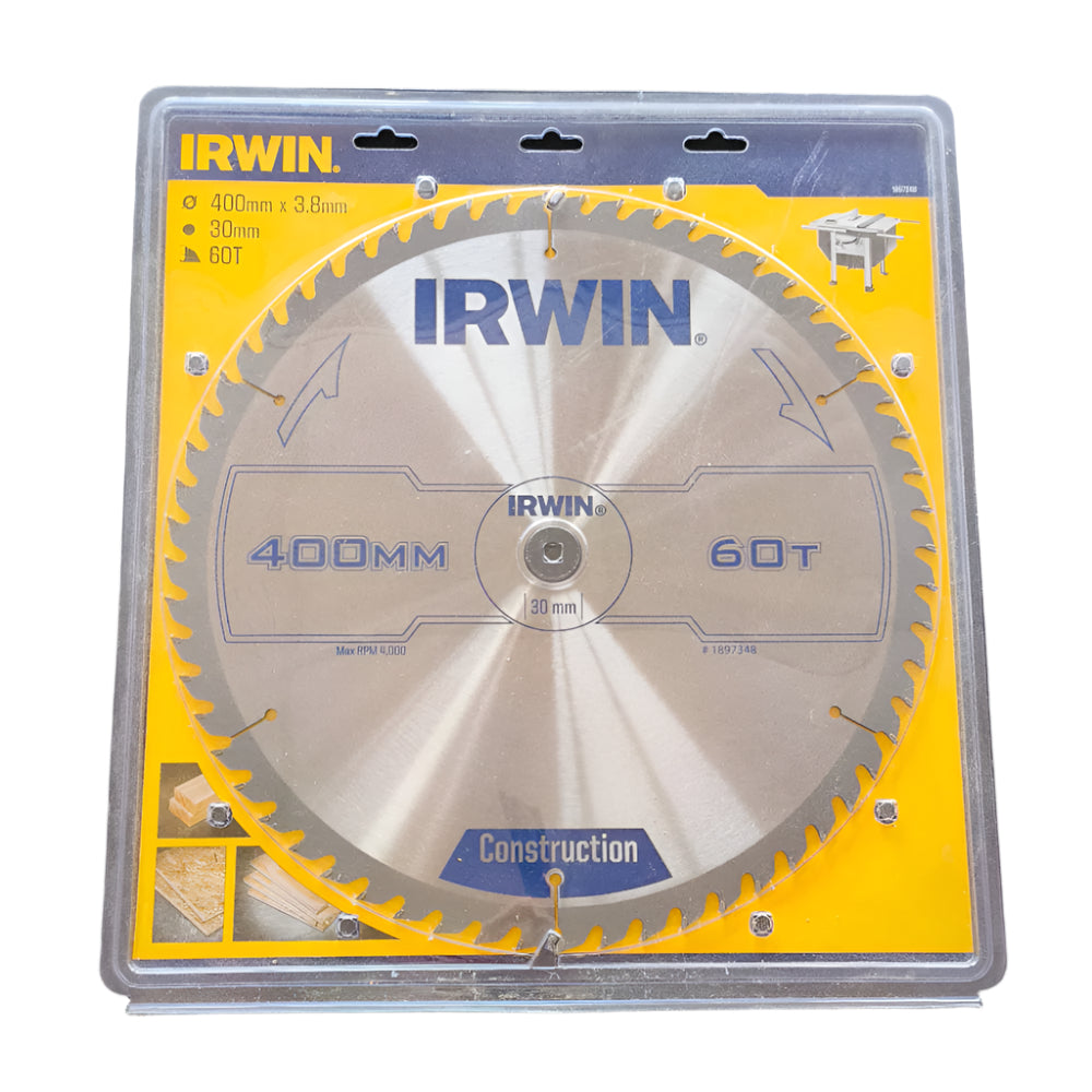 Irwin 400 x 30mm circular saw blade with 60T in retail packaging on a white background.