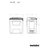 Technical dimension drawing of a Metabo cooler shown from front and side views on a white background, with model text 'KB 18 BL 600791' at the top and the Metabo logo at the bottom.