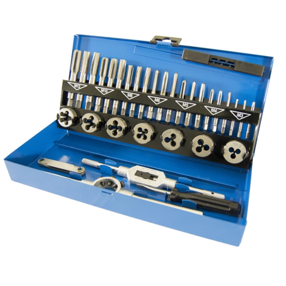 image of Presto 9S69032 metric tap and die set in a blue metal storage case. The case is shown open with the contents visible, and the assortment of M3-M12 taps and dies can be seen.