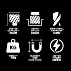 Set of technical specifications icons on a black background