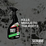 Spray bottle of 'Mould Shield' on a textured surface with mould. With the text "kills mould to the roots"