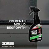 Spray bottle of scrubb Mould Shield on a gray background with text 'Prevents Mould Regrowth'.