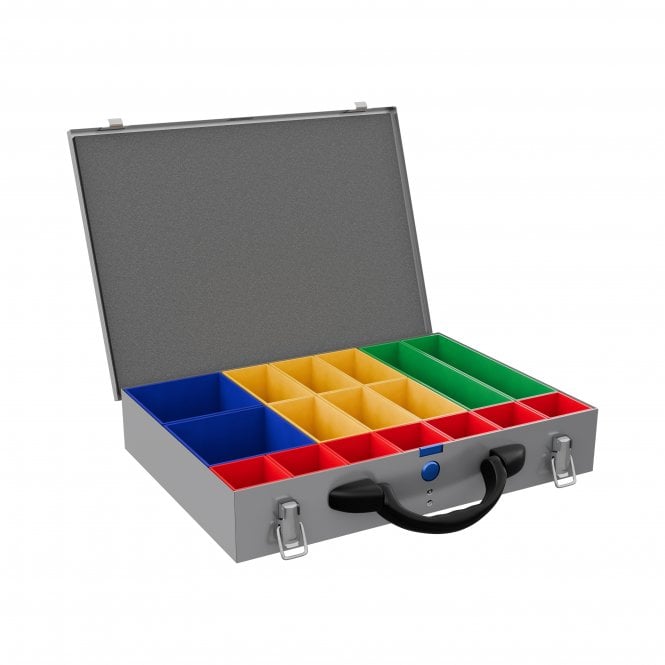 A gray metal organizer case with an open lid, featuring multiple color-coded compartments in blue, yellow, green, and red, shown on a white background.