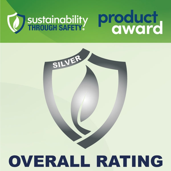 Silver award badge with 'Sustainability Through Safety' logo on a green and light green gradient background.