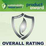 Silver award badge with 'Sustainability Through Safety' logo on a green and light green gradient background.