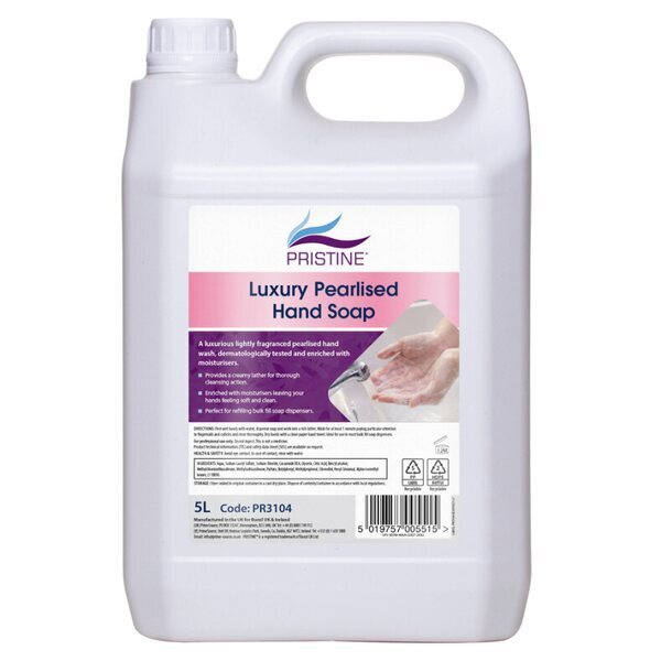 5 Litre container of pink hand soap with a label on a white background