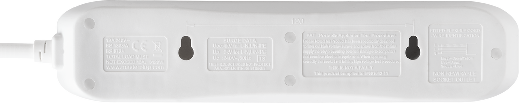 Masterplug 13A 4 Gang Unswitched Surge Protected Extension Lead White