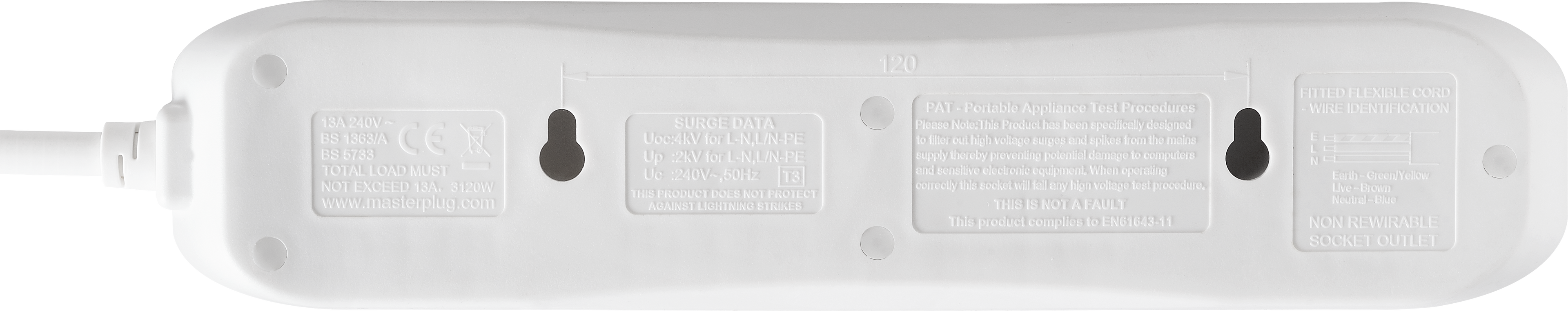 Masterplug 13A 4 Gang Unswitched Surge Protected Extension Lead White