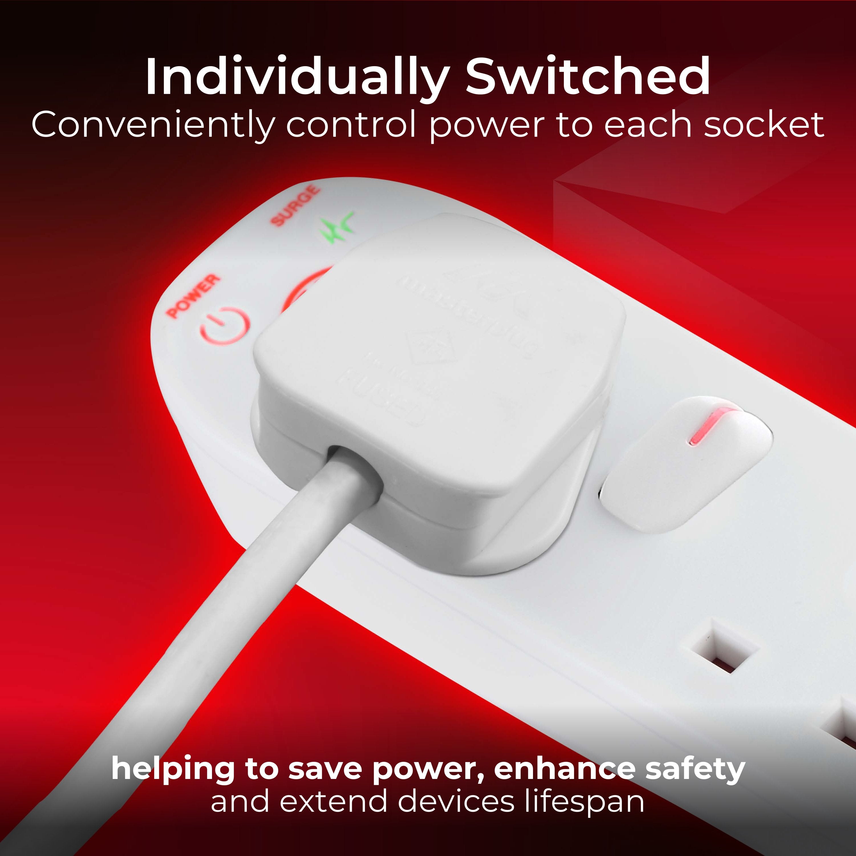 Masterplug 13A 4 Gang Switched Surge Protected Extension Lead White