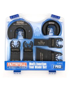 an image of the faithfull FAIMFKIT7 multifunction tool blade set. Pictured with the case open showing the contents.